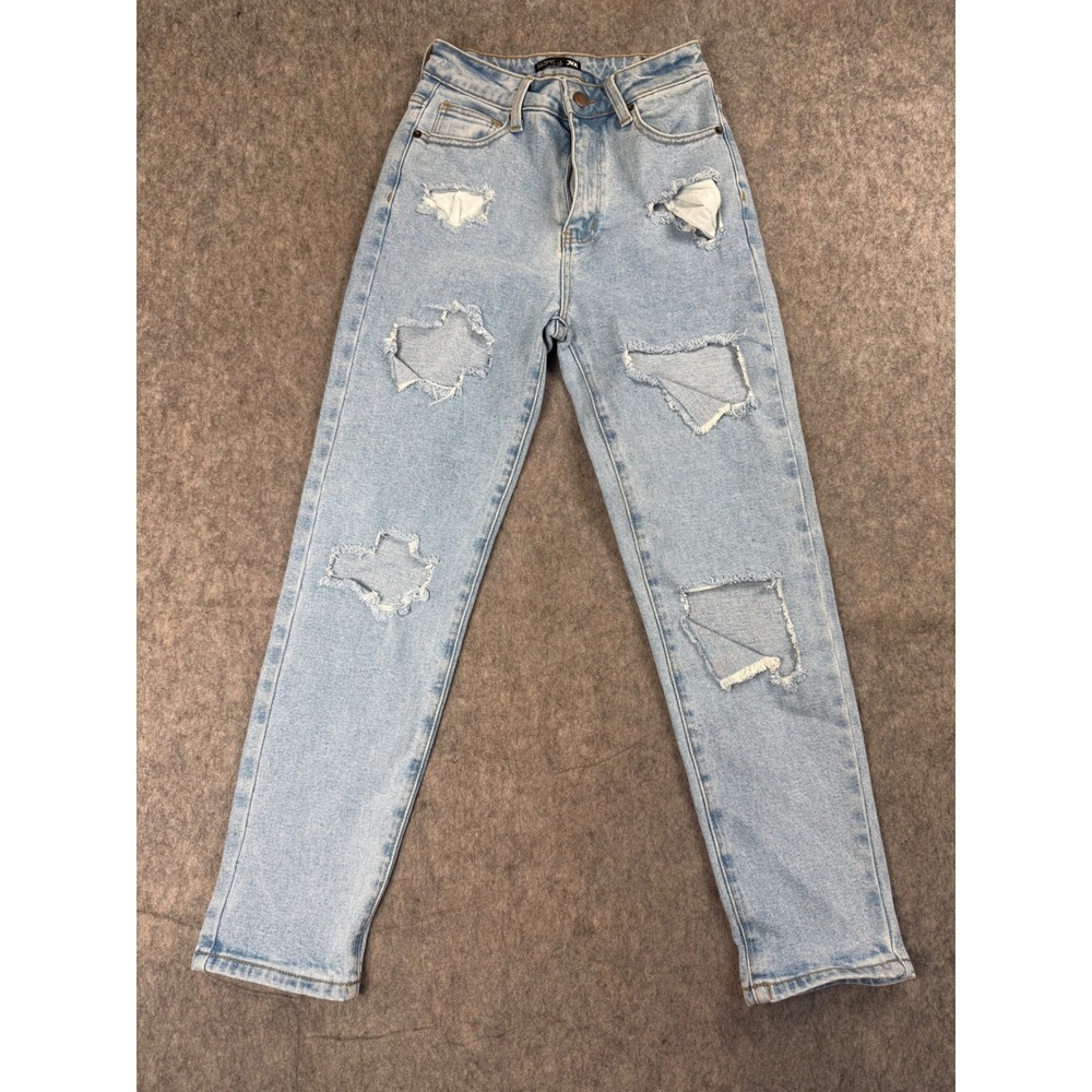 Fashion Nova Distressed Jeans Womens 1 Blue Cotton Denim Ripped High Rise Trendy